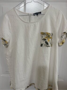 White Linen-Blend Short Sleeve Top with Yellow Floral Trim